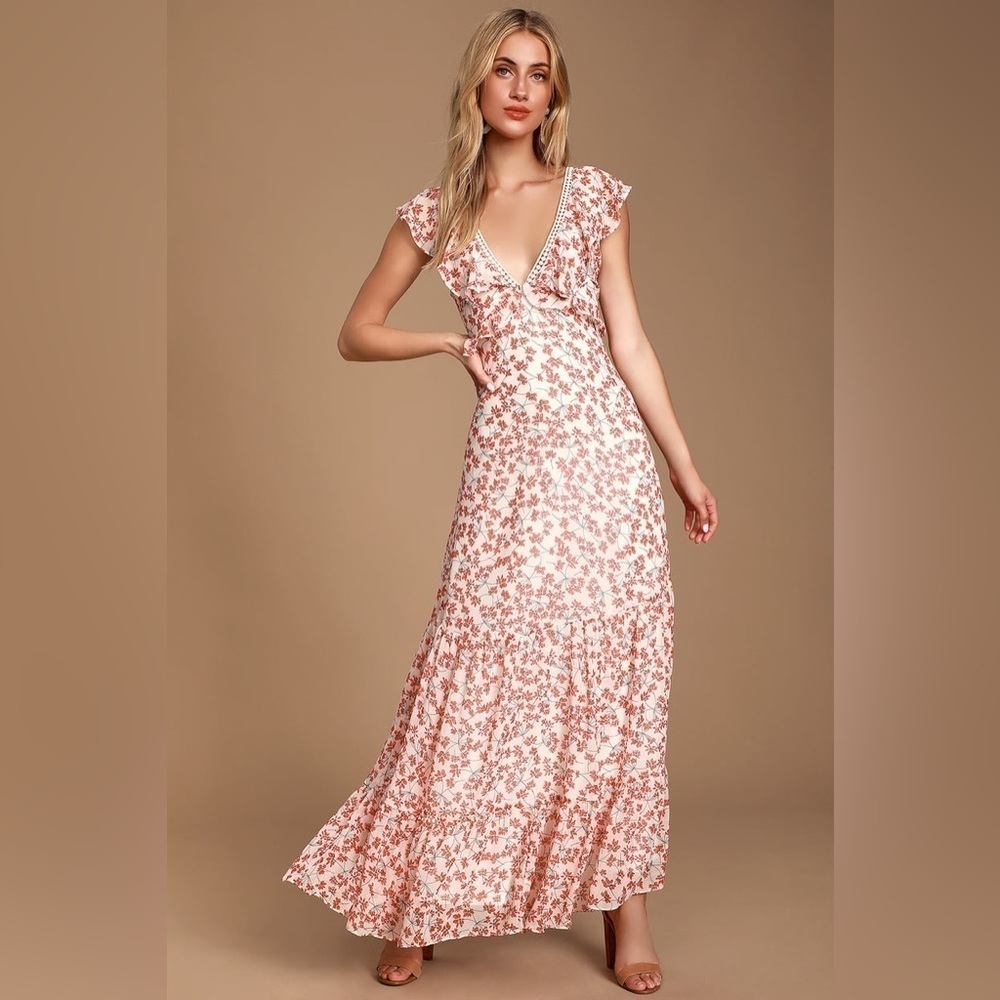 Lulu’s Darling Daydream Red and White Floral Print Ruffled Maxi Dress